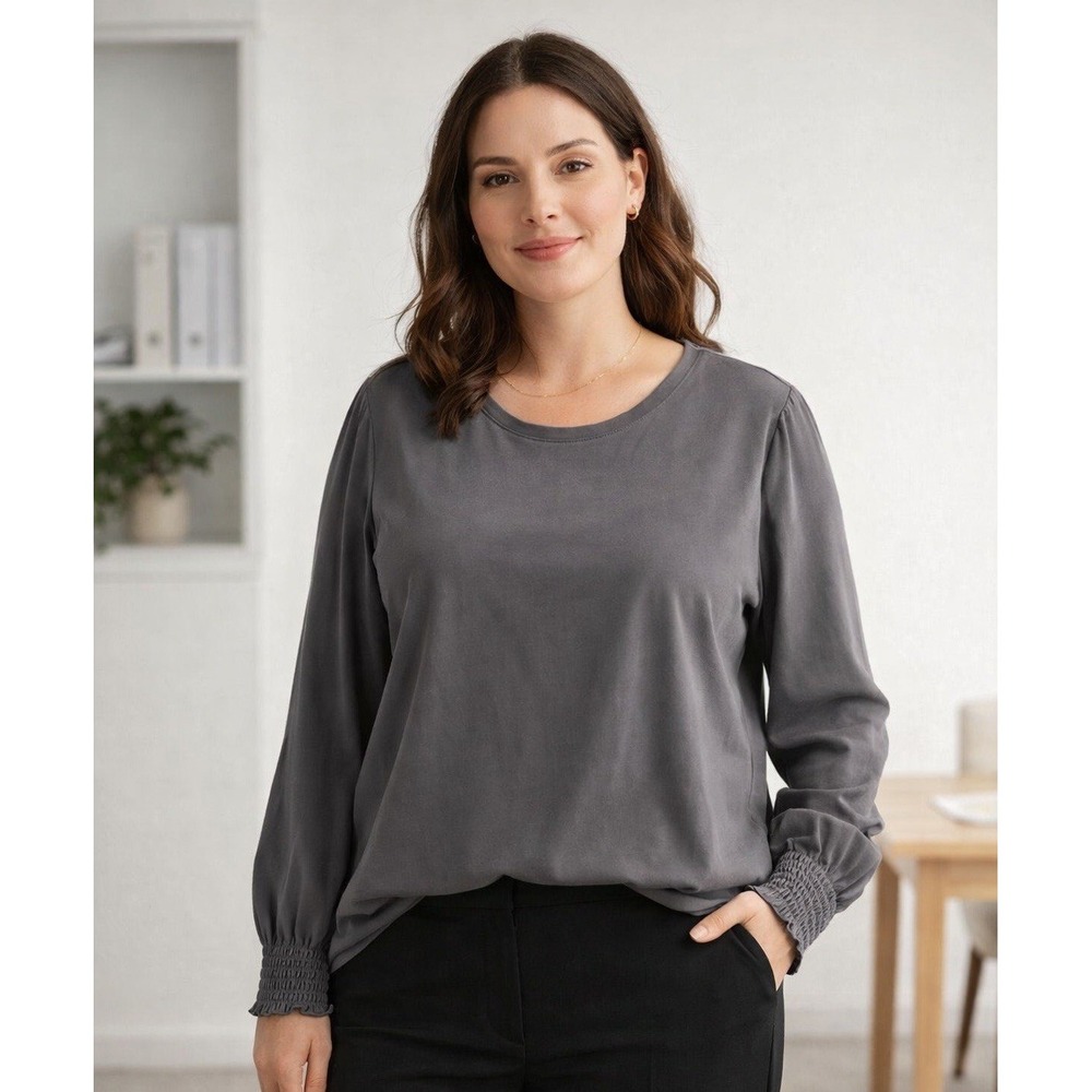NWT J.Jill Ash Gray Velvet Knit Top XL Smocked Cuffs Long Sleeve Business Casual
